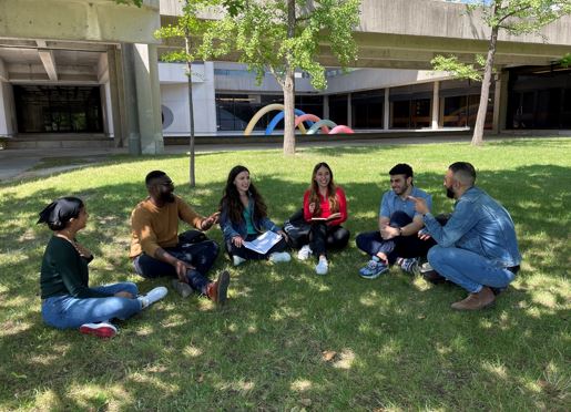 six students sitting in the grass chatting